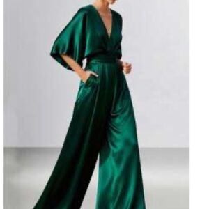 SHEIN Emerald Green Satin Wrap Wide-Leg Jumpsuit